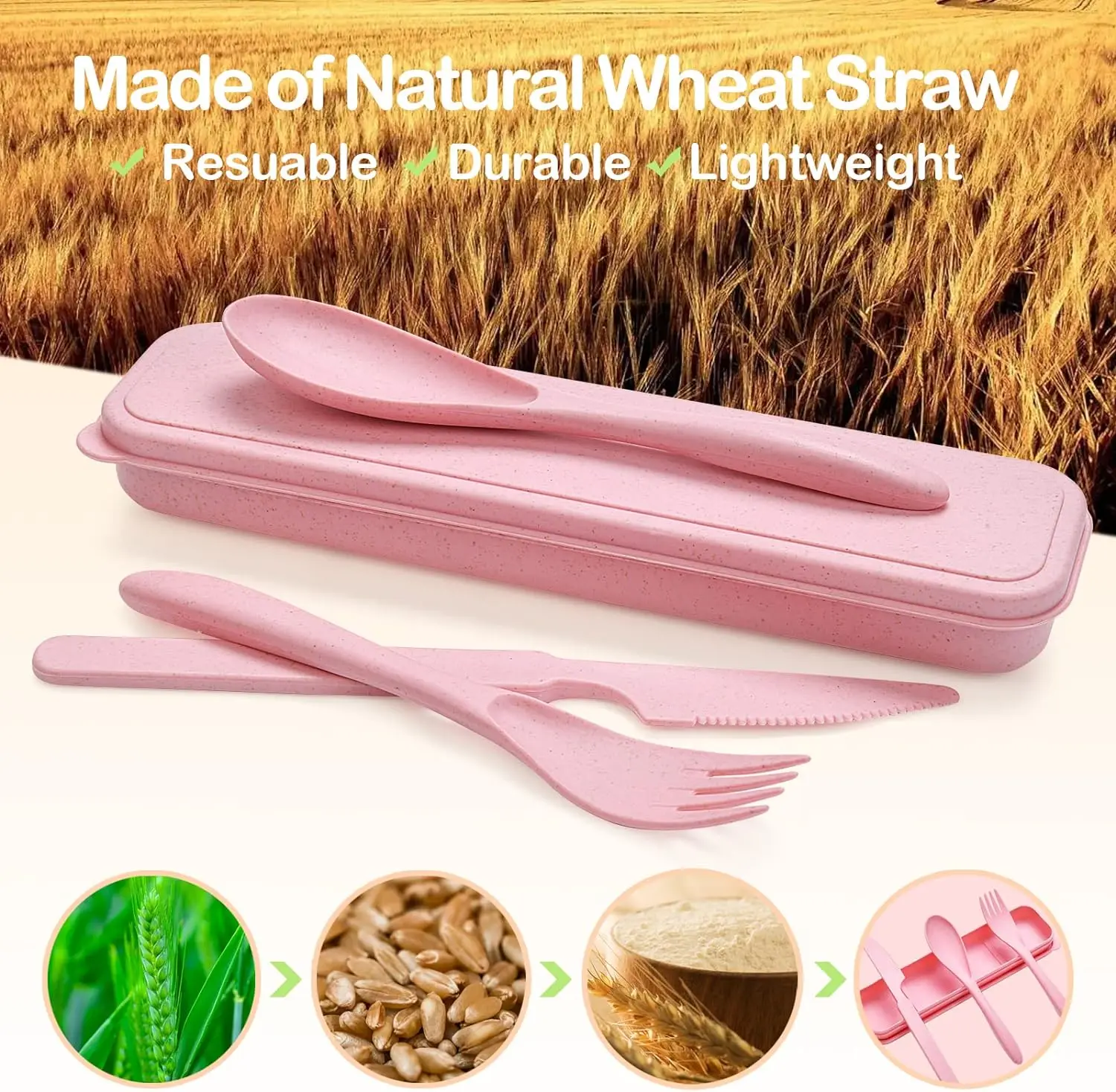 GEMEI Eco Friendly Wheat Straw Cutlery Set Knives Fork and Spoon Lightweight Flatware Sets for Traveling Camping