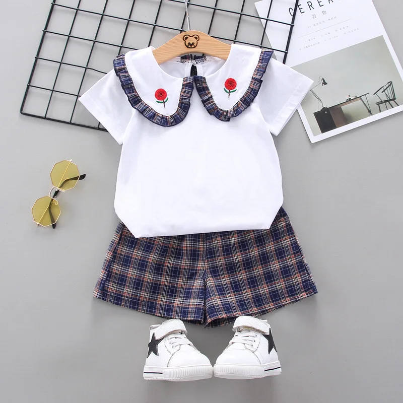 2021 summer girl cute sweet wave neck two-piece suit girl baby plaid western style Korean clothes