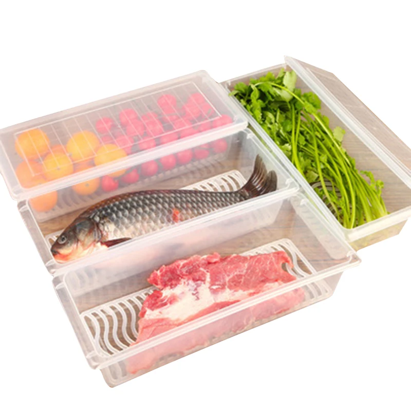 Transparent Plastic Food-Grade Container Fruit Vegetable Storage Boxes Kitchen Drain Water Preservation Refrigerator Fresh Box