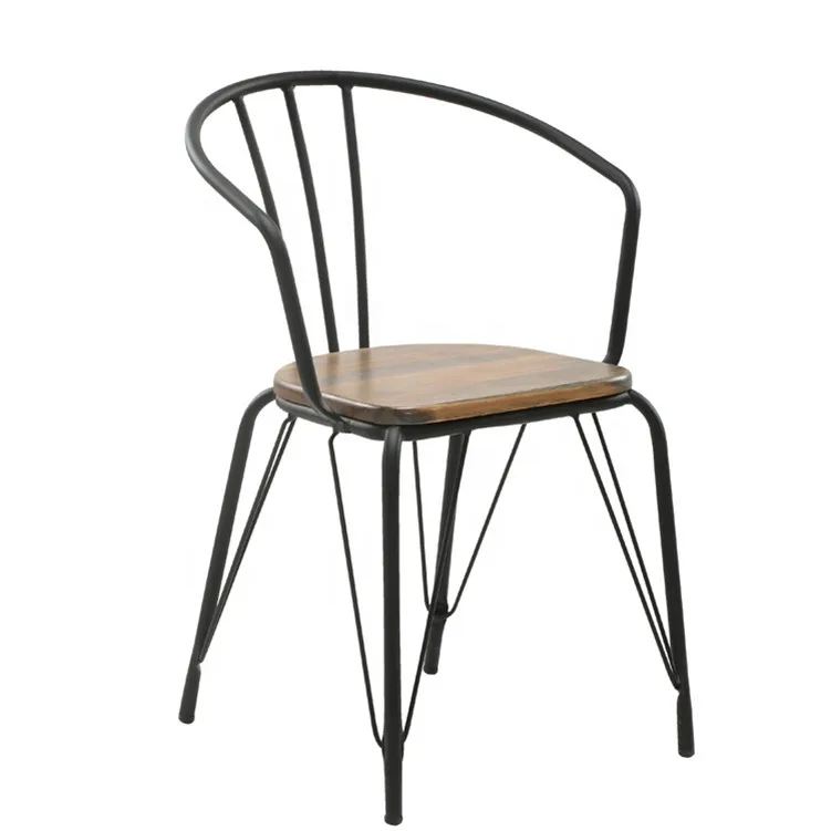 Outdoor Metal Hairpin Wire Frame With Pine Wood Stackable Restaurant Dining Chairs