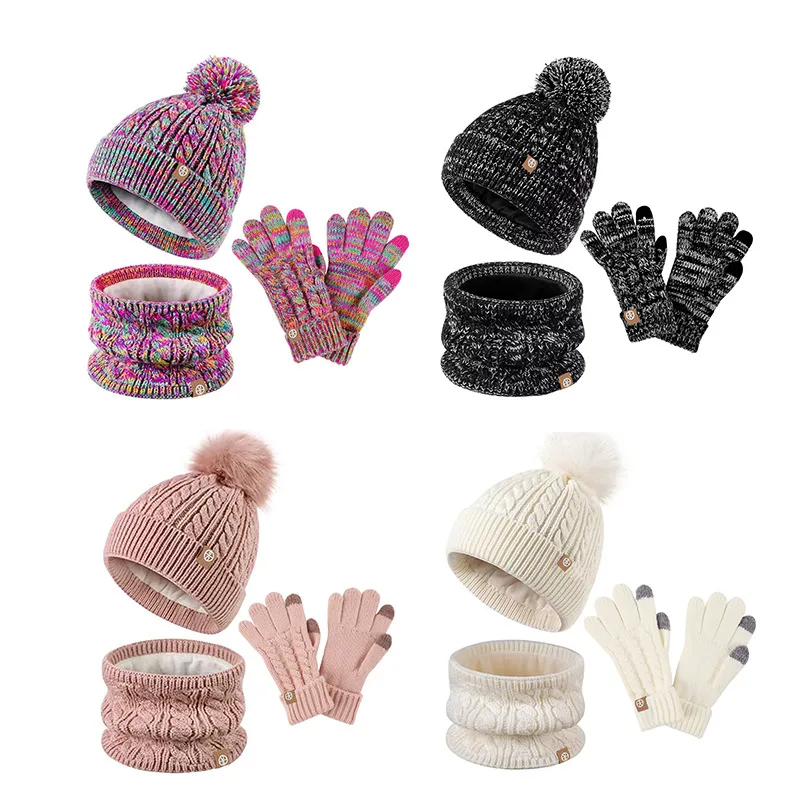 Children 5-12 Years Old Pom Pom Beanie Hat Scarf And Gloves Three-Piece Winter Fleece Warm Knit Hat Gloves And Scarf Set