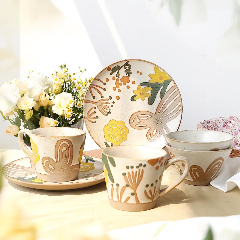 Hand-painted ceramic tableware coarse mug ceramic plate ins flowers hand-painted dishes set
