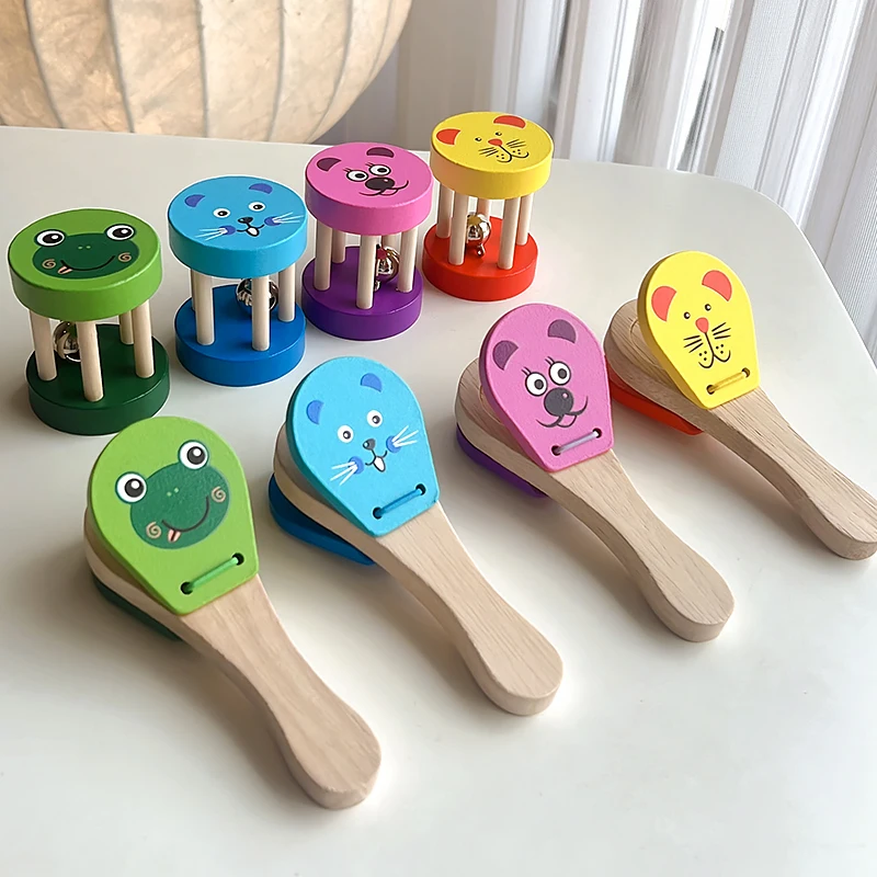 Montessori Baby Musical Instruments Wooden Colorful Cylinder Rolling Drum Rattle Hand Clappers Learning Toys For Infant