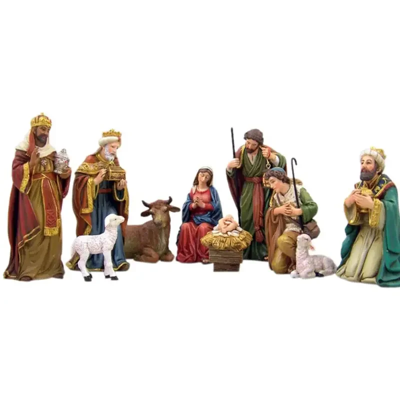 Resin Crafts Christmas Tabletop Decoration Polyresin Nativity Scene Figurine Sets with Poinsettias