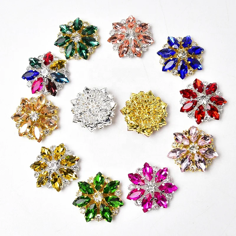 28mm Silver Gold Metal Inlaid Rhinestone Flower Button Flat Back Crystal Trim Buckle for Clothing Shoes Hair Accessories