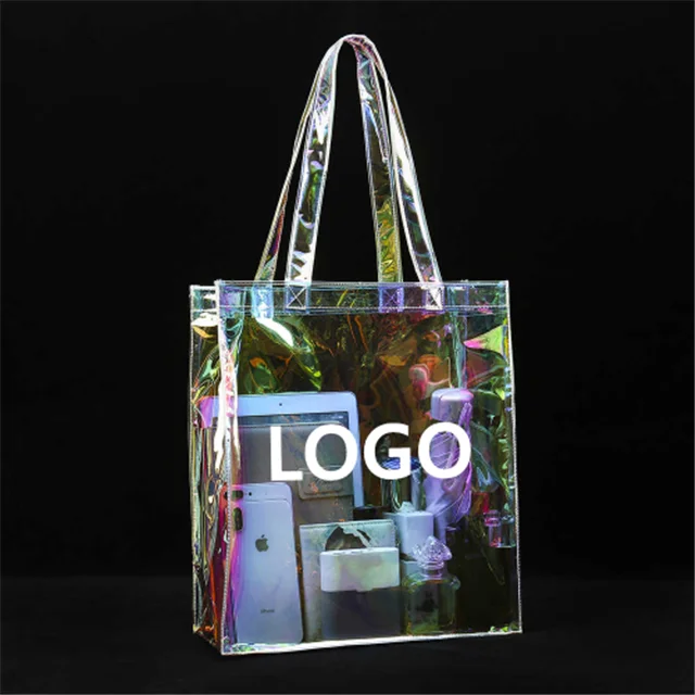 Fashion Shopping Bag Holographic Clear PVC Tote Bags Iridescent Rainbow Beach Handbag