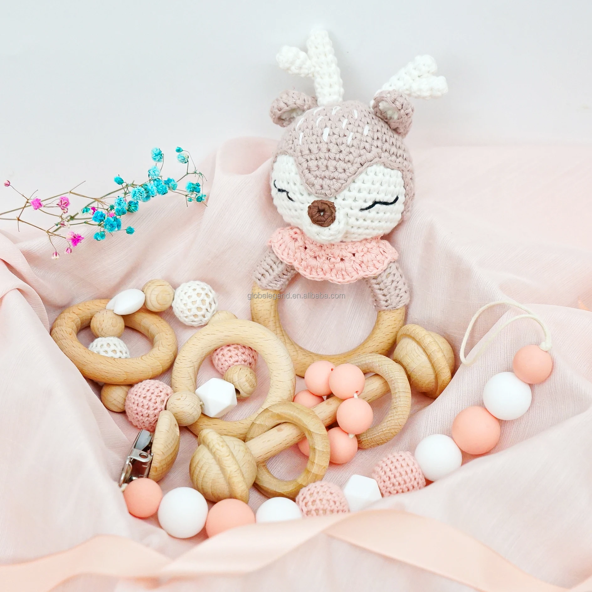 Certificate Custom Safety Animal Wooden Beads Pacifier Teething Toy Sets crochet reindeer teether set