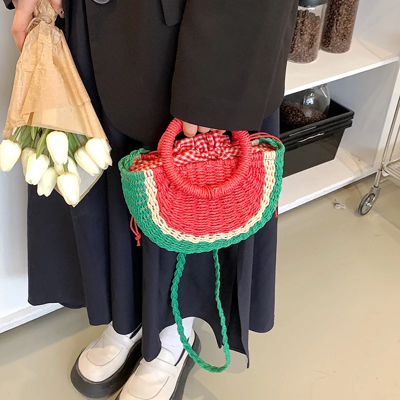 New Arrivals Handmade Half Round Natural Paper Straw Crossbody Bag Watermelon woven straw beach tote bag