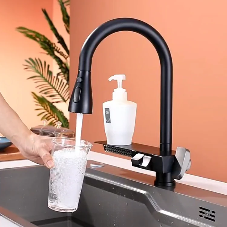 SANIPRO New Fly Rain Waterfall 304 Stainless Steel Sink Kitchen Tap Mixer Push Button Piano Key Pull Out Down Sprayer Faucets