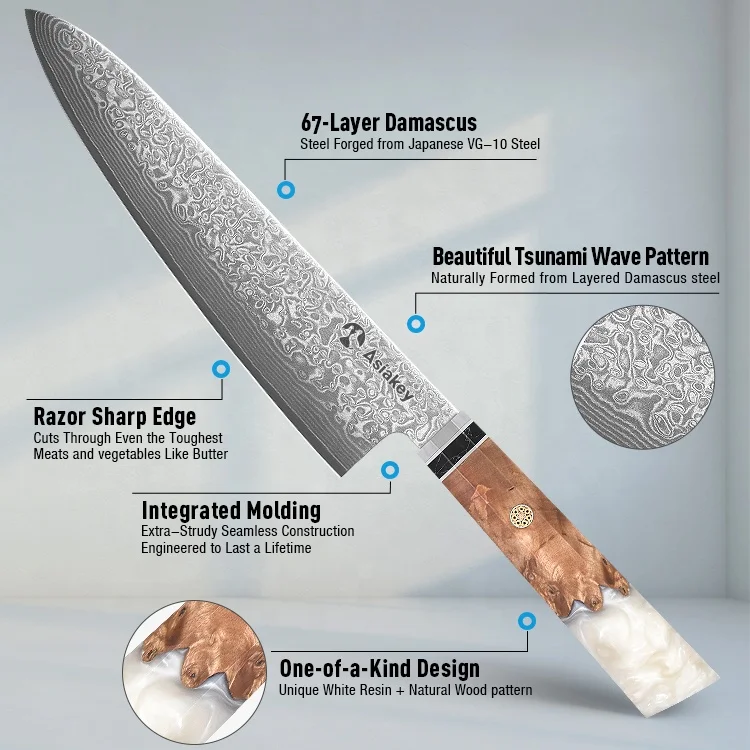 3 Pieces Unique Wood and Resin Handles Top-Grade Damascus Chef Knife Set Included Kitchen Utility Santoku Knife