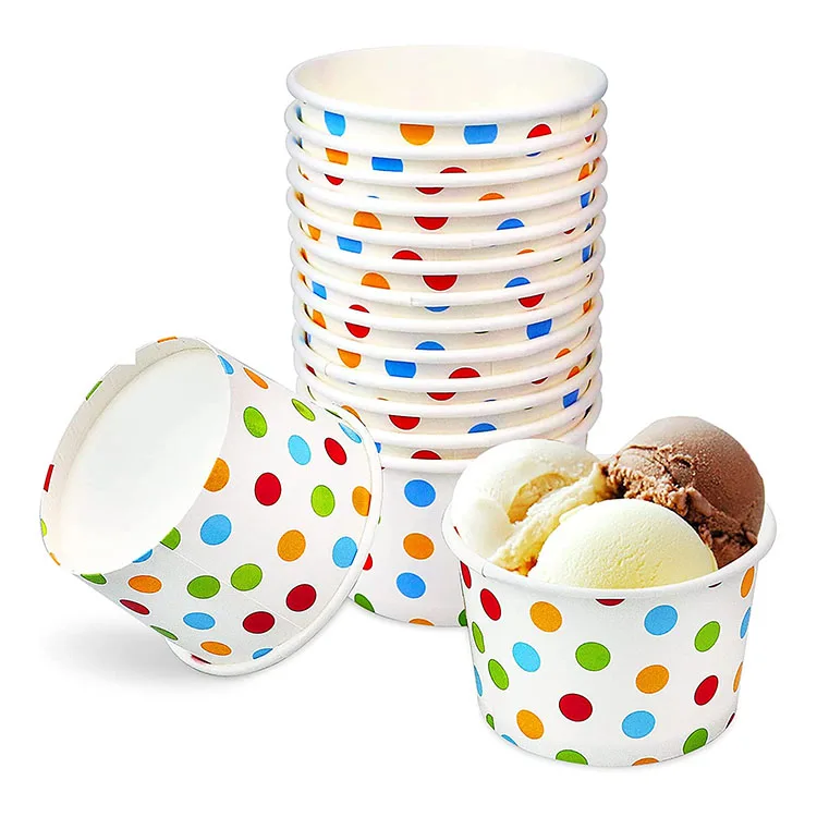 Custom Printed Polka Dot Environmental Protection Disposable 3oz 4 8 12 Oz Paper Frozen Milktea Ice Cream Cups With Lids