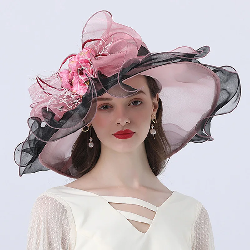 Women Sun Hat Ruffles Brim Organza Church Wedding Dress Party Hat With Detachable Flower