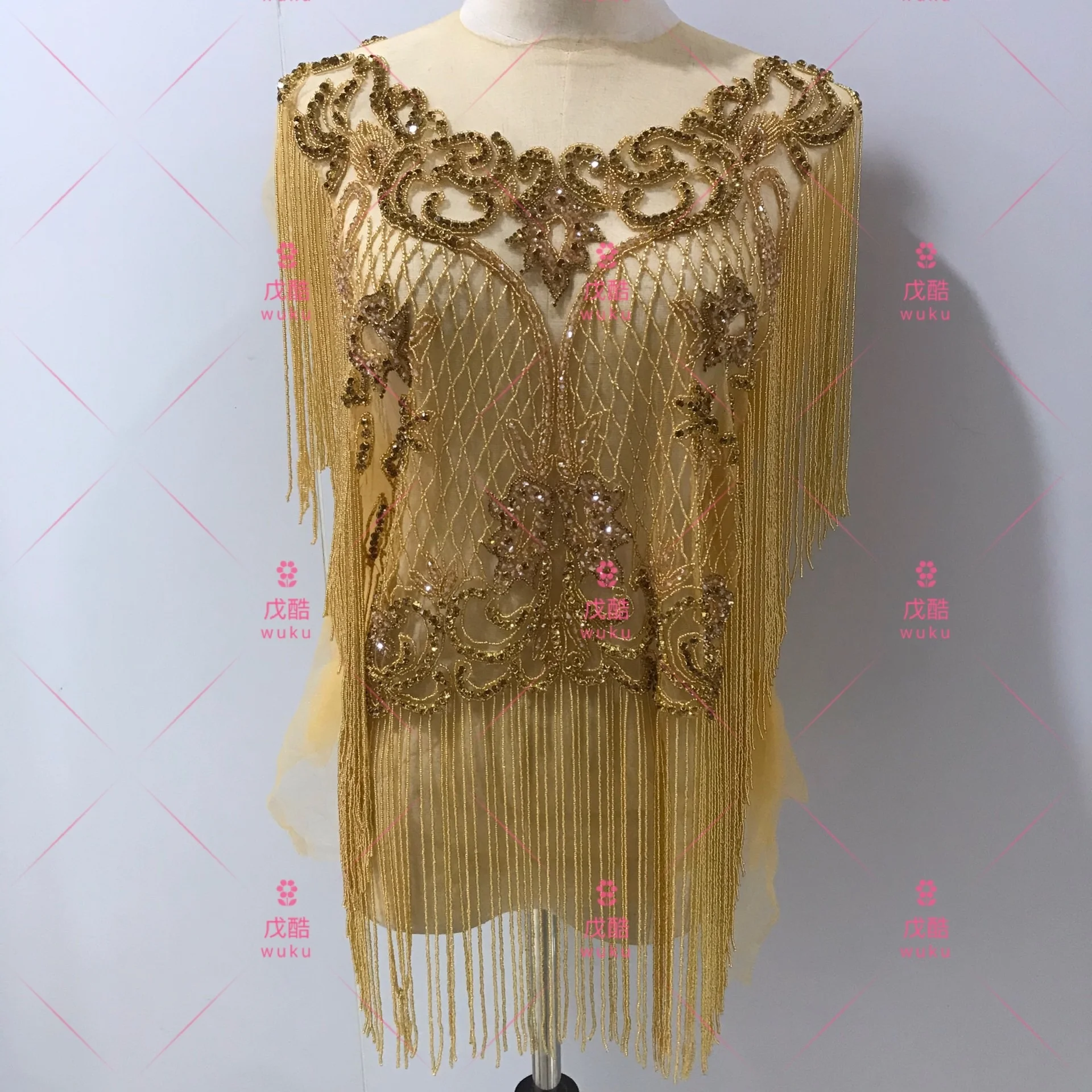front side and back side  whole piece appliqe patch with crystal  fringe tassel design in gold