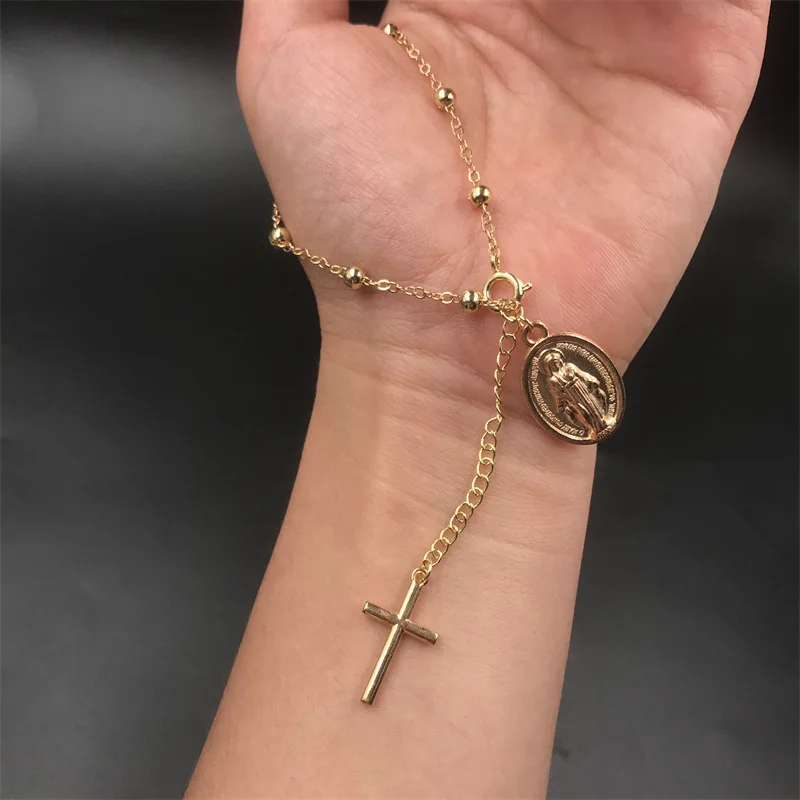 2024 Wholesale Fashion Religious Rosary Virgin Mary Charm Cross Pendant Pulsera Alloy Bead Link Chain Bracelets For Women Daily
