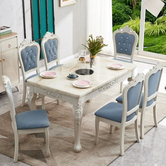 Nordic style High quality 6 seater Rectangular white marble top dining tables  sets modern tables