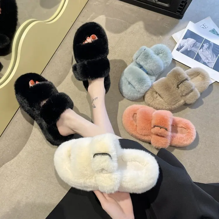 Thick bottom fur slipper female wedge heel 2022 new winter fashion Korean home shoes wholesales plush cotton flipflops slippers