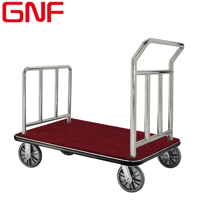 GNF Hotel stainless steel Luggage Trolley golden baggage hand trolley cart with red carpet made in china