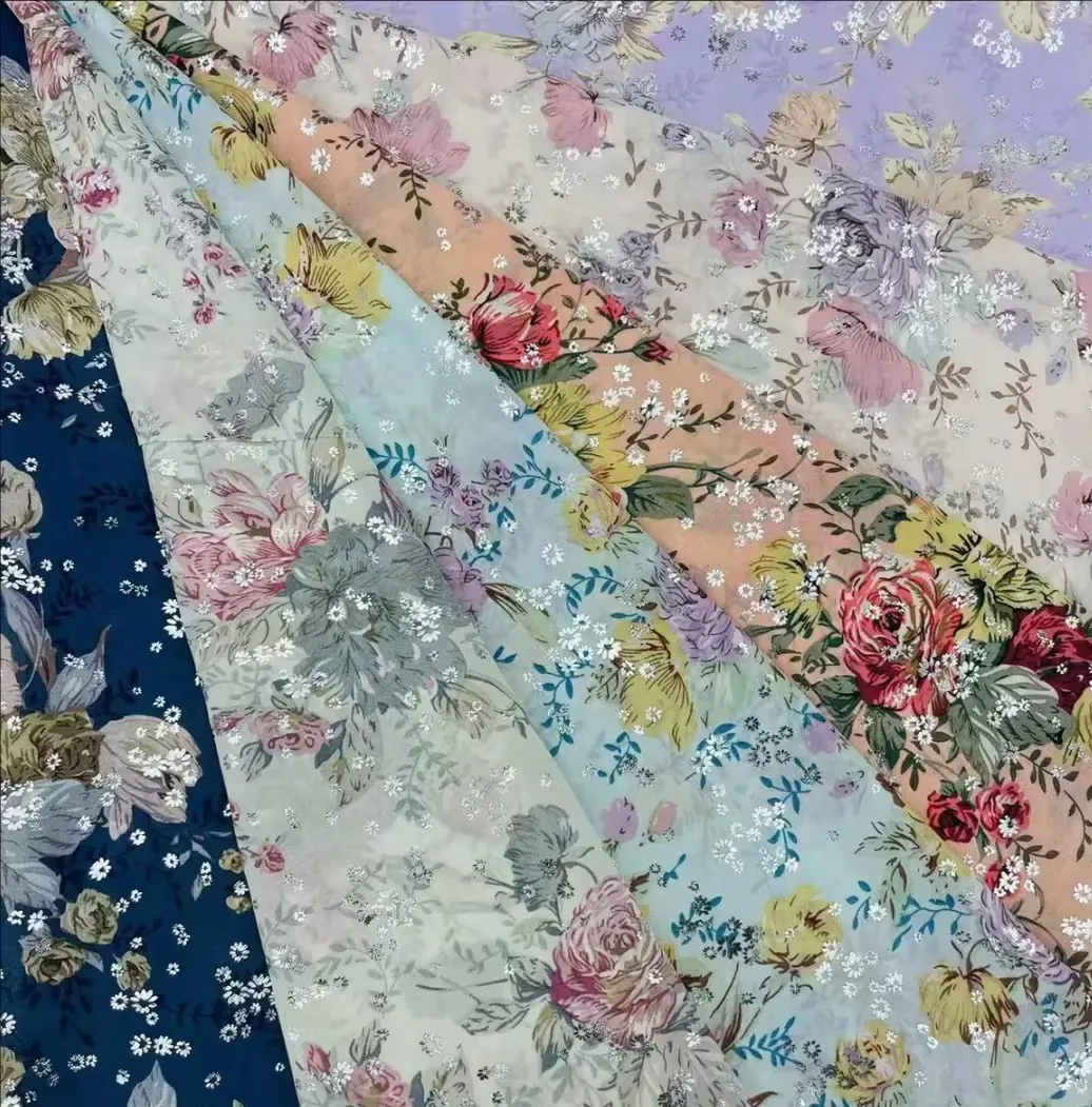 Fresh quality ready goods stock fabric 100% polyester chiffon gilding print fabric