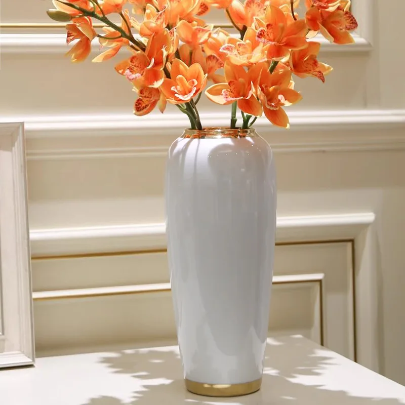 White painted gold edged ceramic vase, foyer floral arrangement, dried plants, flower arrangement vase, living room decoration