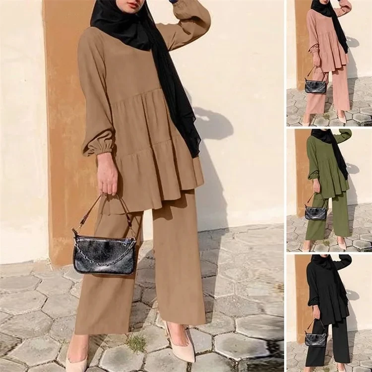 Custom islamic clothing muslim blouse pant 2 piece set women muslim loose solid color  shirt pants suit