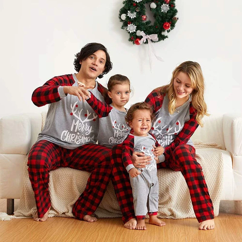 Custom Mom And Me Plus Size Deer Plaid Print Long Sleeves Halloween Pyjamas Christmas Family Pajamas 5Xl Sleepwear Pajamas Set