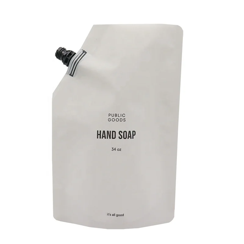 Wholesale Custom 34oz White Travel Hand Liquid Detergent Shampoo Water Packaging Bag For Soap Refillable Plastic Spout Pouch