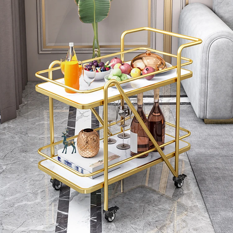 Factory Wholesale Stainless Steel Gold Mobile Glass Bar Cart Trolley 2 Tier Bar Carts