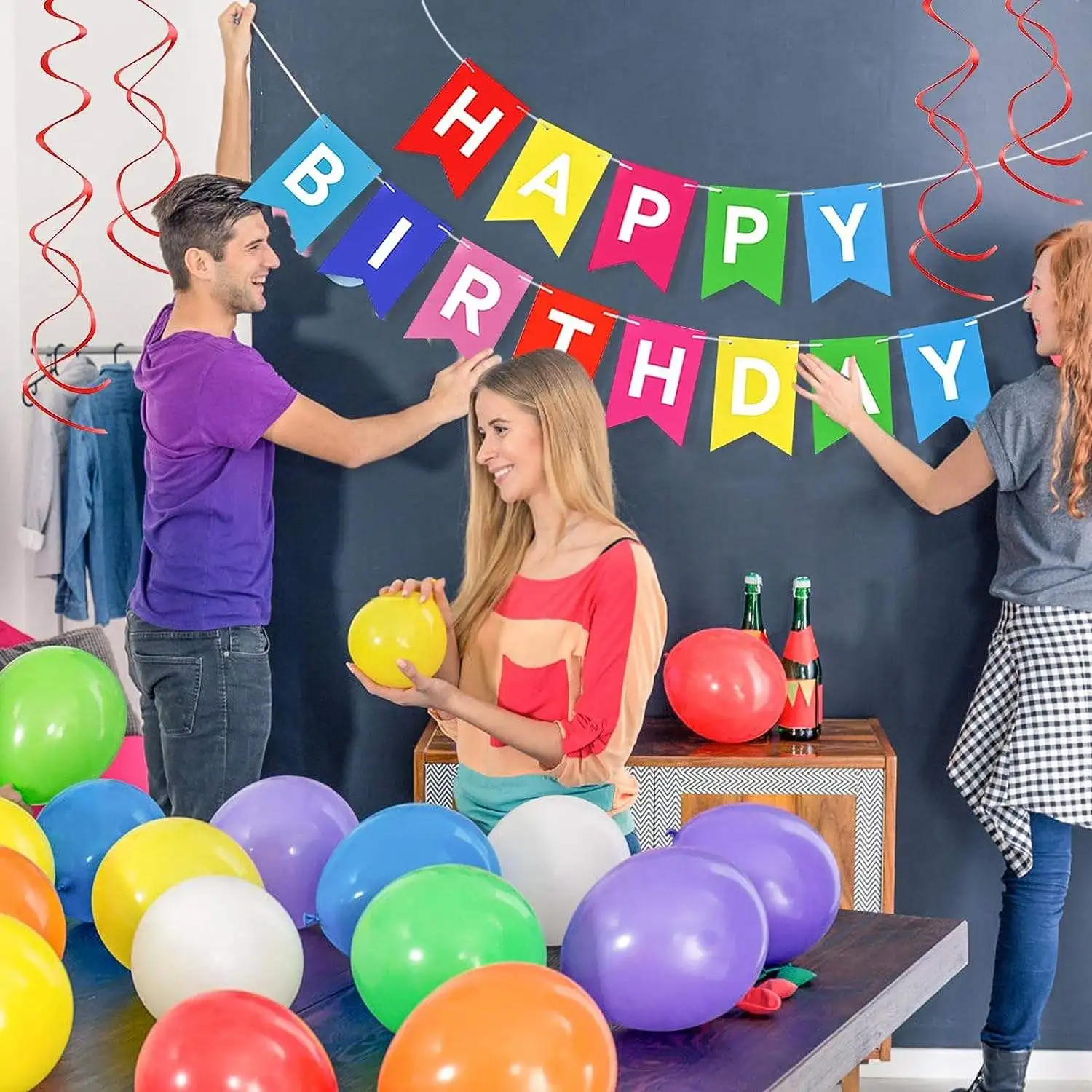 Colorful Latex Balloon Birthday Banner with Hanging Swirls Paper Garland Cake Topper for Baby Shower Party Decorations