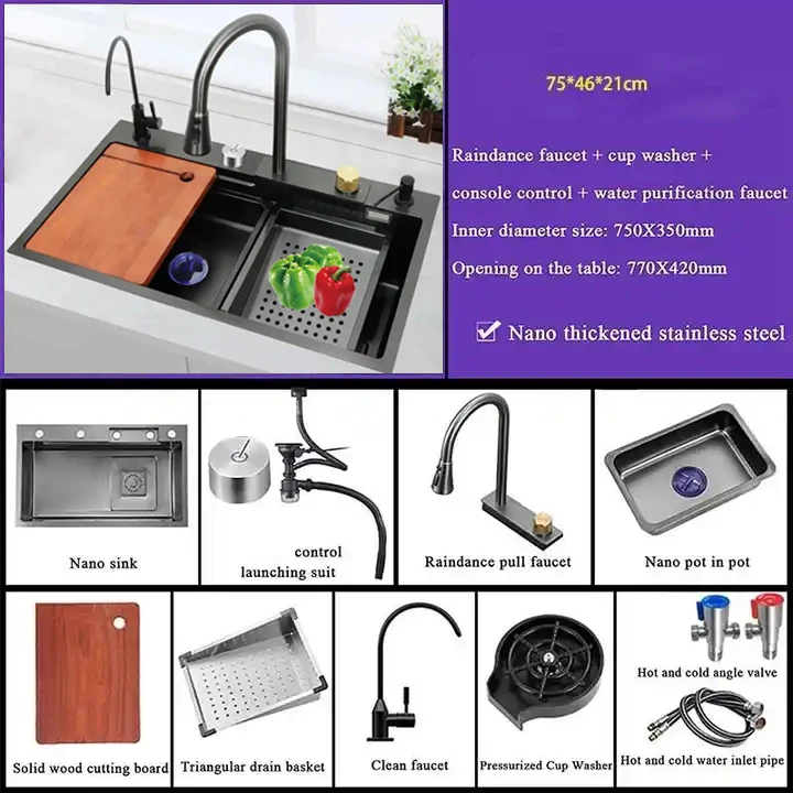 Complete Whole Set Waterfall Kitchen Sink Stainless Steel Sinks Big Single Bowl with Dish Rack Under Mount Sinks