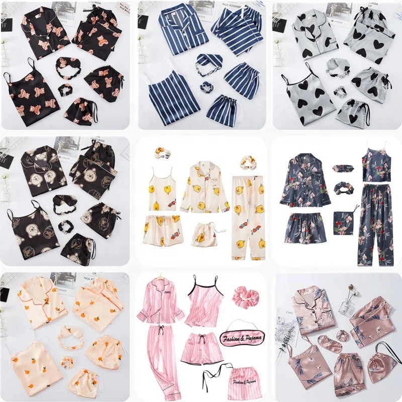 New Arrival Ladies Ice Silk Pajamas Spring, Autumn and Summer Long-sleeved Seven-piece Simulation Silk Sexy Home Service Suit