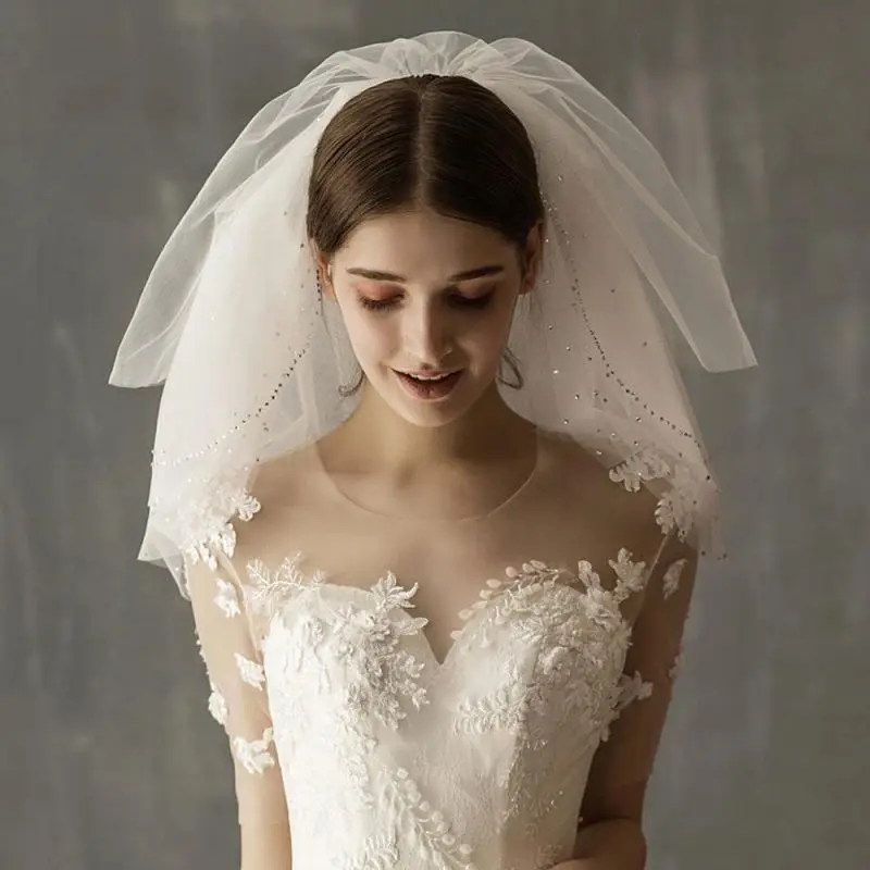  Five Layer Short Wedding Veils With Comb Soft Tulle Bridal Crystal