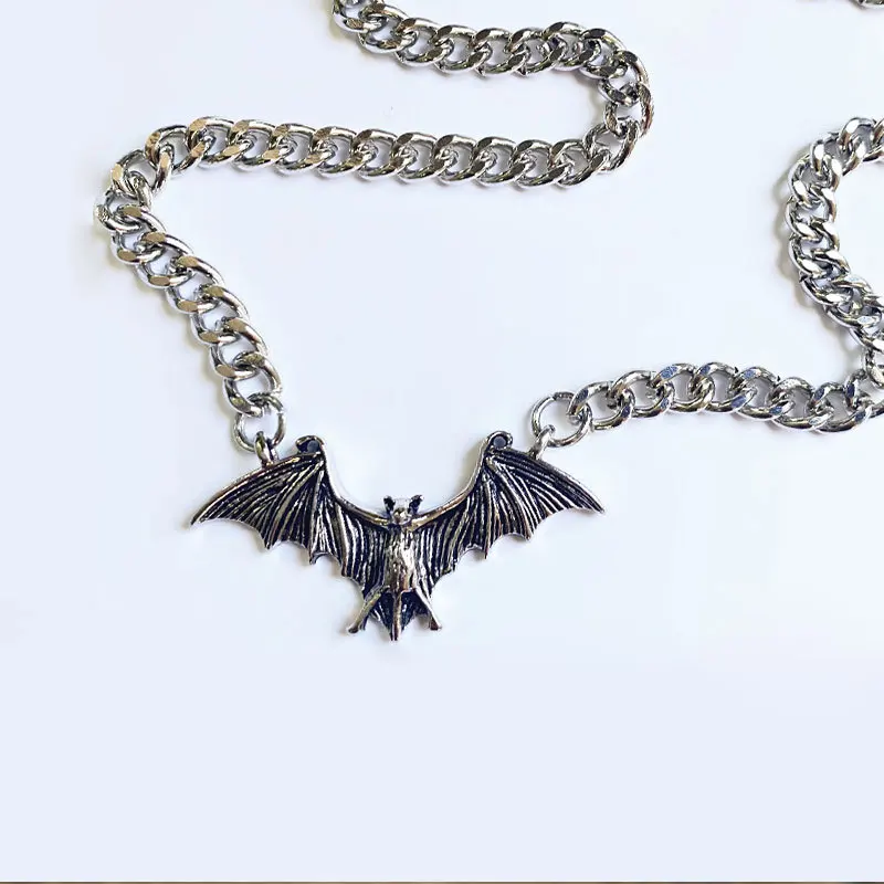 Goth Gothic Cuban Link Chain Wings Bat Pendant Choker Necklace Grunge Rock Silver Metal Halloween Jewelry  Men Women