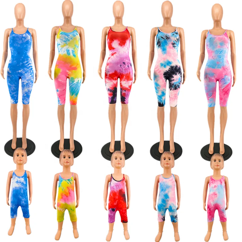 
Latest Mom And Me Outfits girls Matching facemask and hair band Summer Mother and Daughter Clothes Mommy And Me Tie Dye Jumpsuit 