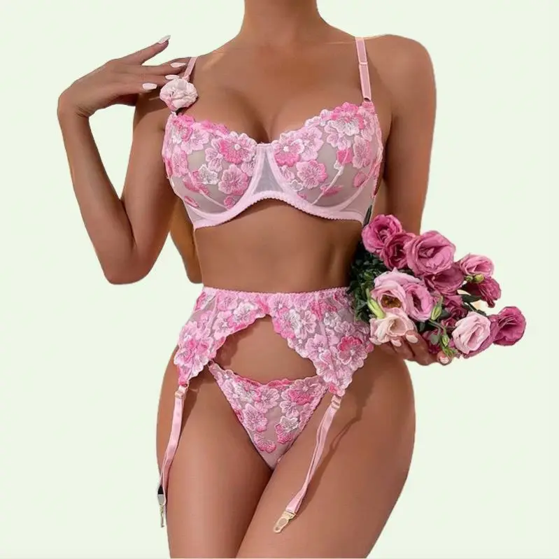 Exotic  Sets Bra Women Underwear Transparent Set Sexy Pink Lingerie Naked Ladies Floral Luxury Lace 3 Piece Lingerie