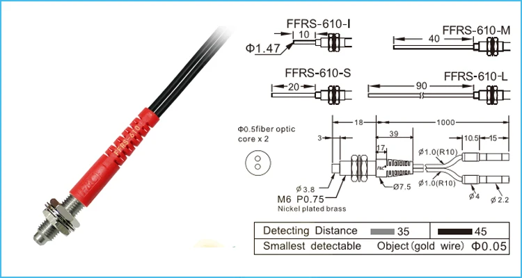 Светоотражающий диффузный оптоволоконный датчик M6 R10 35-45 мм