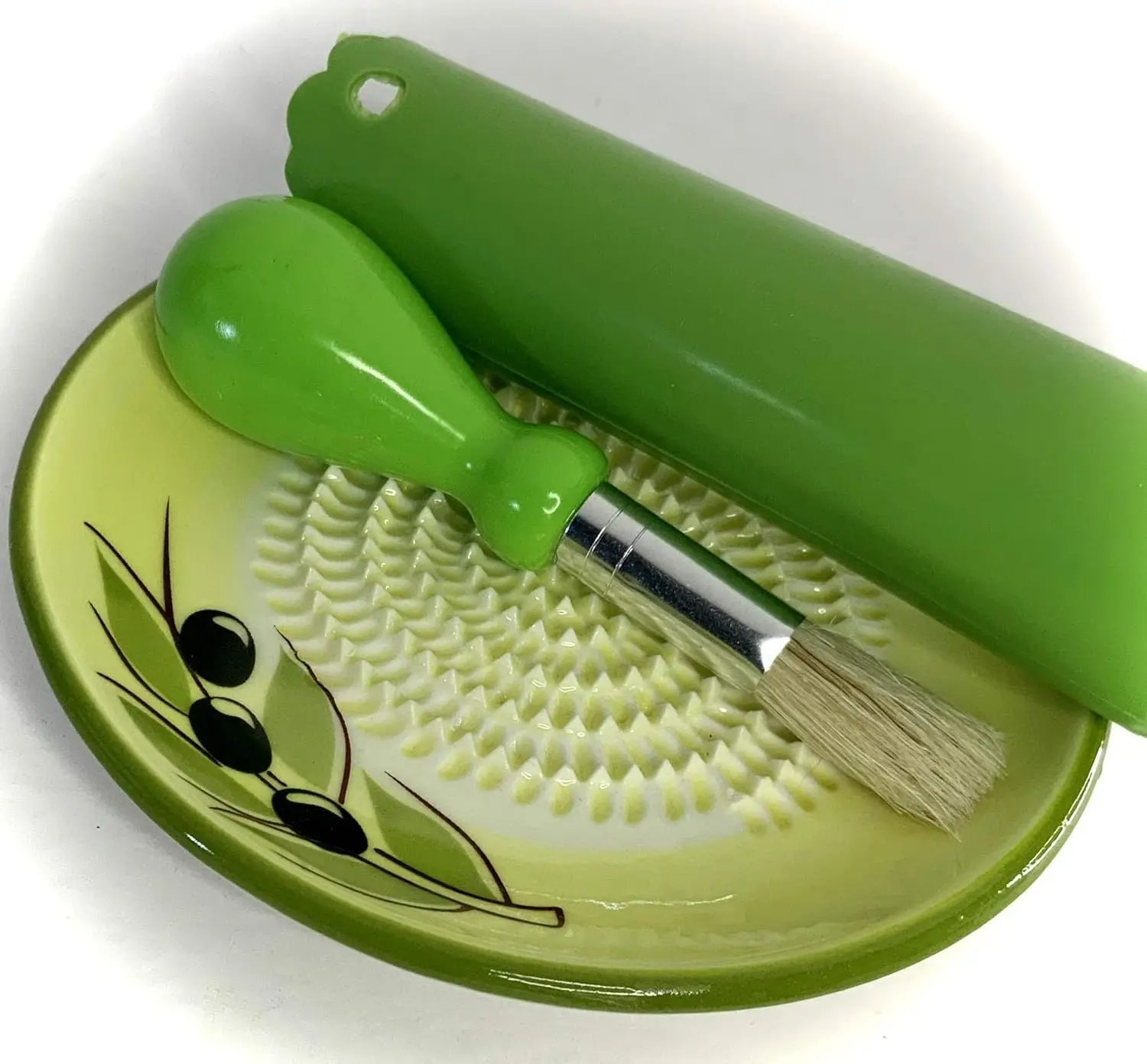 Ceramic Garlic Grater Hand Made, Olive Design Grater Plate with Garlic Peeler