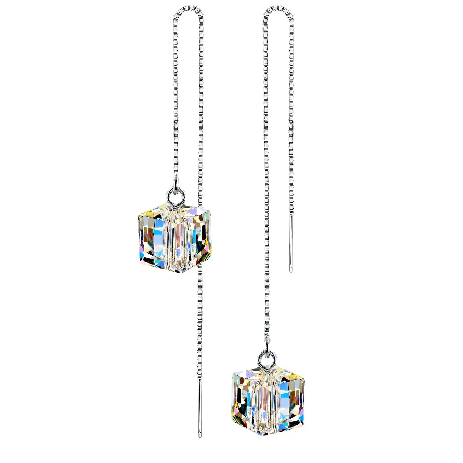 Korean Trim earrings 925 sterling silver Aurora sugar Austrian crystal long fringe ear line