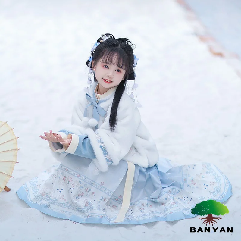 Girls winter Plush New Year greetings clothes Hanfu thickening Antique attire children Chinese style Tang Horse faced skirt