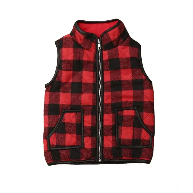 2024 Hot sale Winter Warm Waistcoat Vest Clothes Kid Puffer Quilted Pocket Gilet Coat girl Buffalo christmas Plaid Zipper Jacket