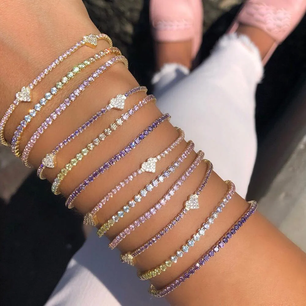 Trendy Pastel Color Cz Heart Shape Jewelry 5 Pcs Cute Sweet Heart Charm Tennis Link Chain Valentines Gift Choker Necklaces