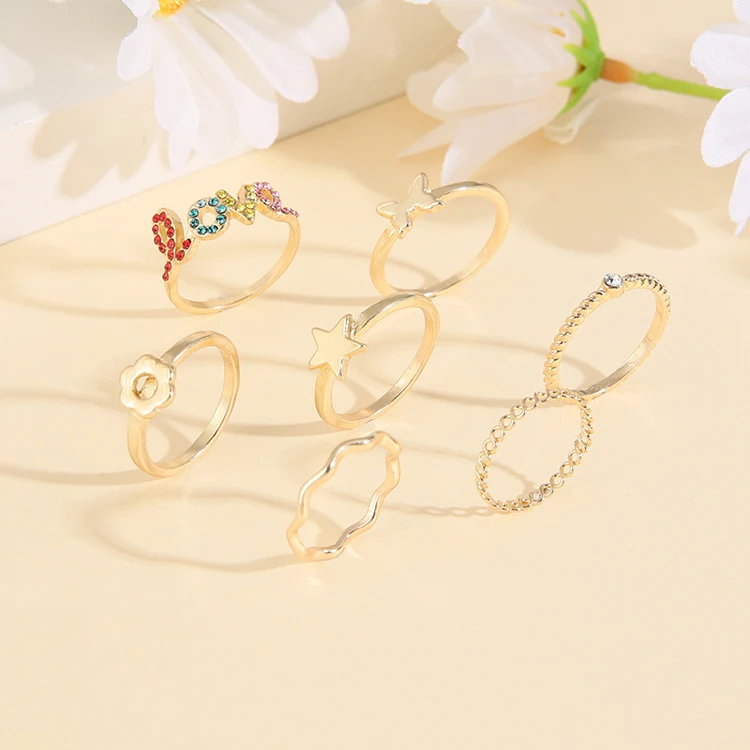 Simple Wholesale Combination Set Ring Fashion Personality Star Heart Crown Flower Rhinestone Ring Women