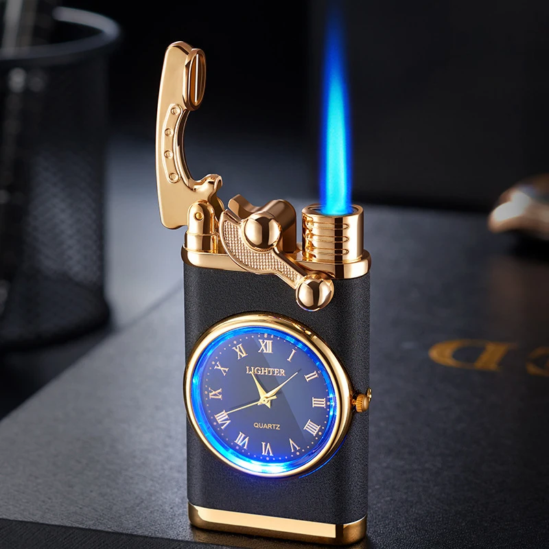 New Metal Windproof Straight Watch Lighter Custom Outdoors Lighter Blue Flame Cigarette Lighter Men Gifts