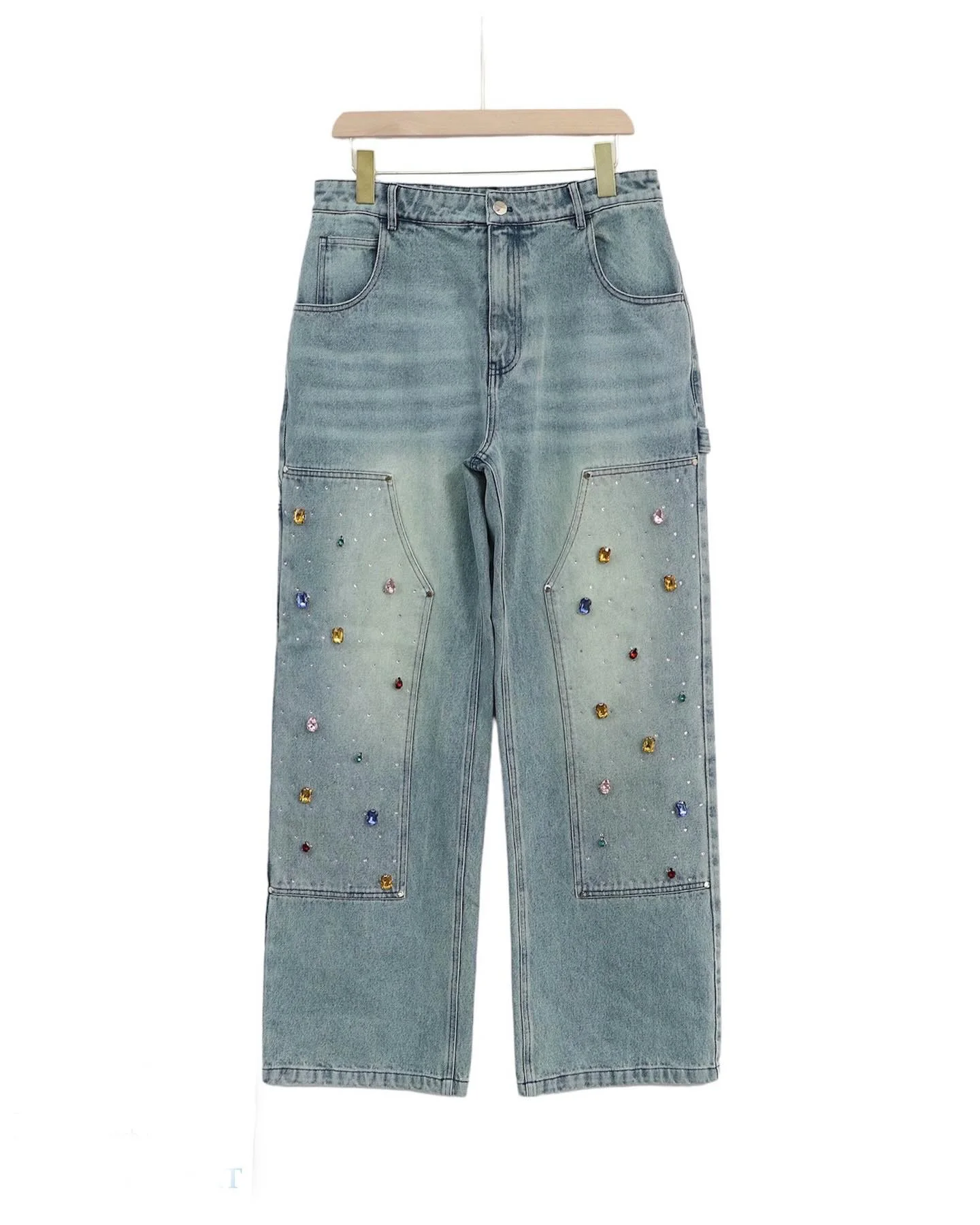 Designer Distressed Straight Acid Wash Baggy Cargo Jeans Unisex Wide Leg Pants Rhinestone Double Knee Denim Carpenter Pants Men