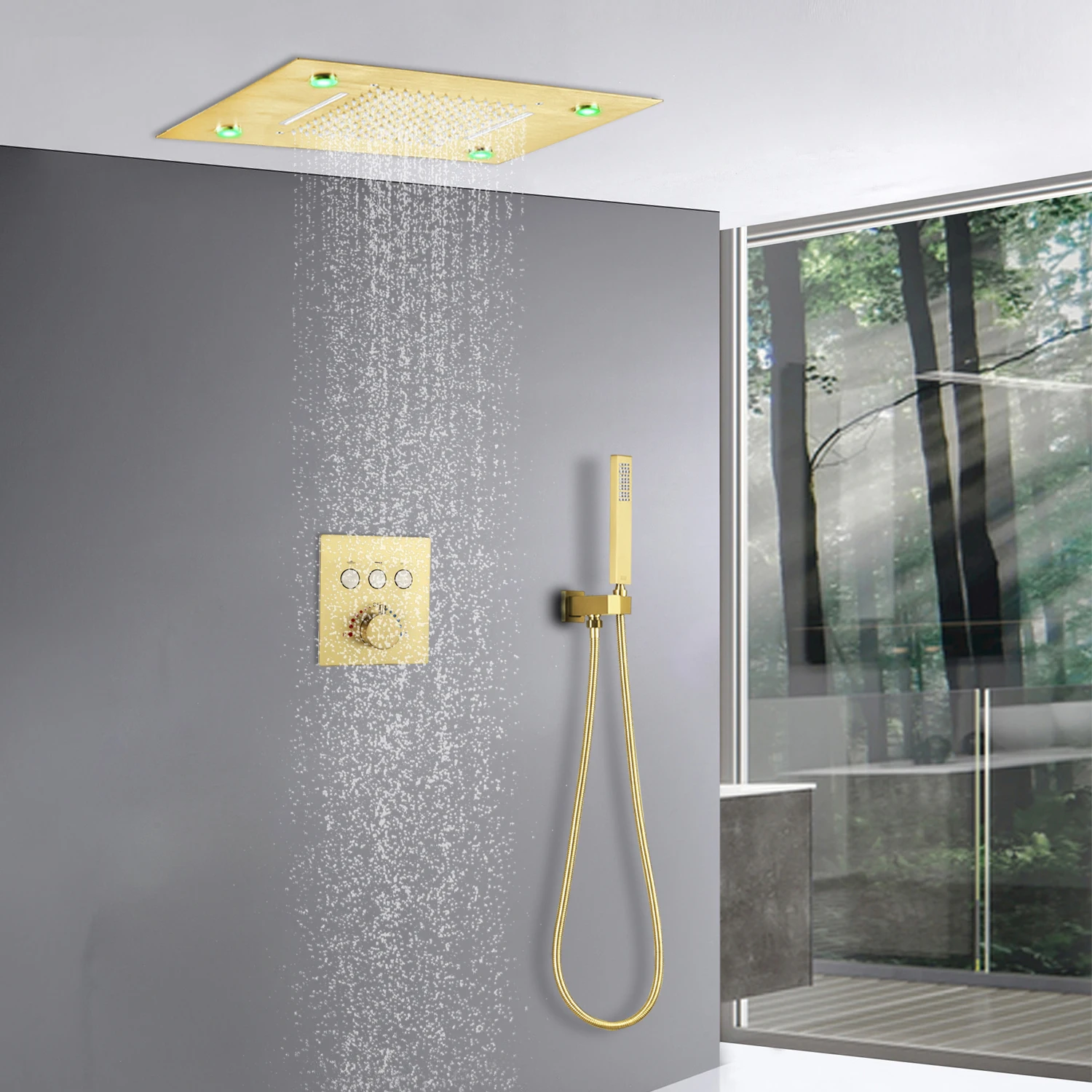 Ceiling Shower System 20x14 Inch Large LED Shower Head Rain Waterfall Bath Gold Faucets Set With Thermostatic Mixer Valve