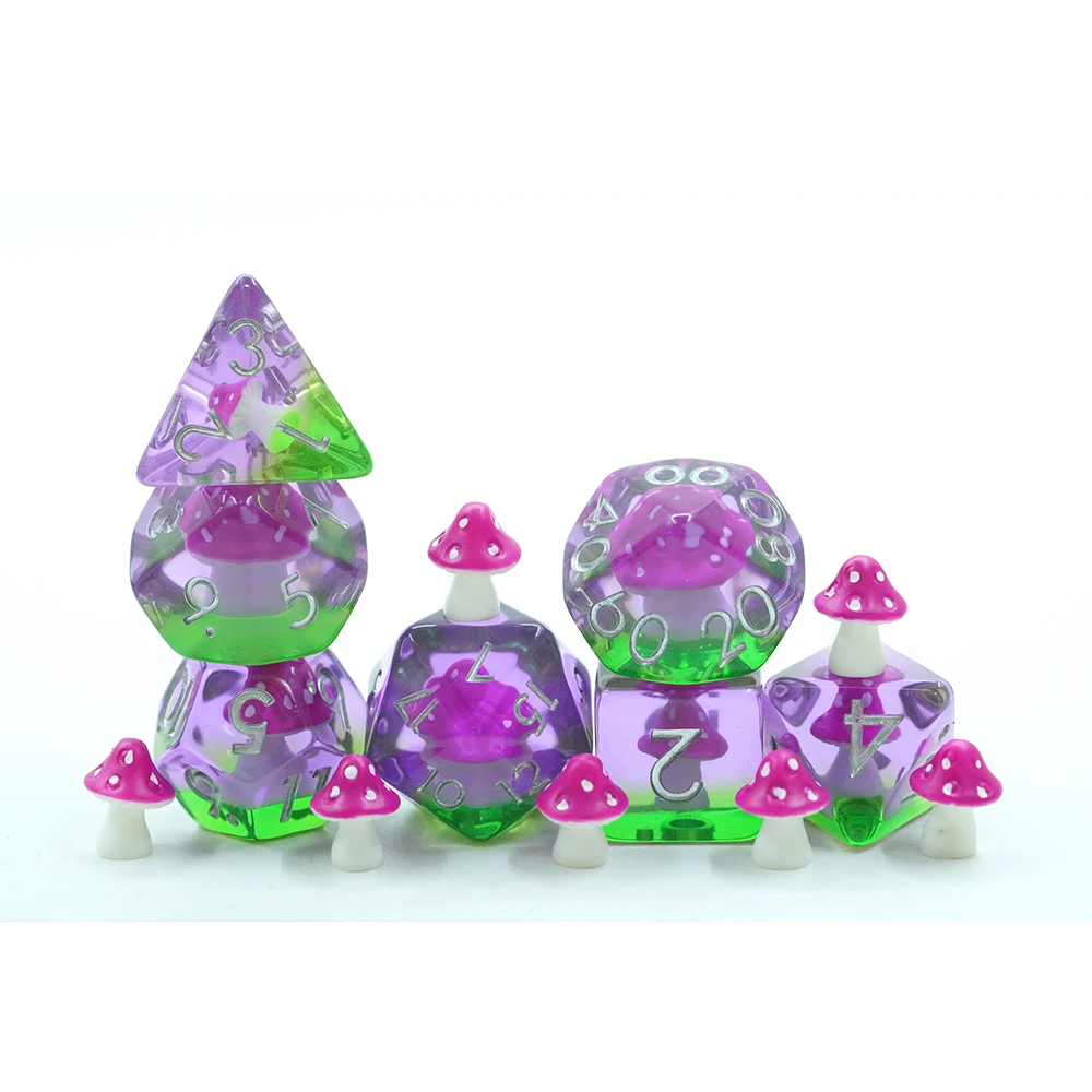 Yushun Novelty Pink Resin Polyhedral Dnd Game Dice Set 16Mm Mushroom Rpg Dice Set Of 7
