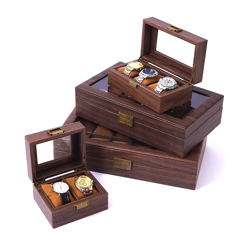 high quality wooden cover black PU leather two slot watch jewelry packaging gift box soft  velvet inner with glass Windows