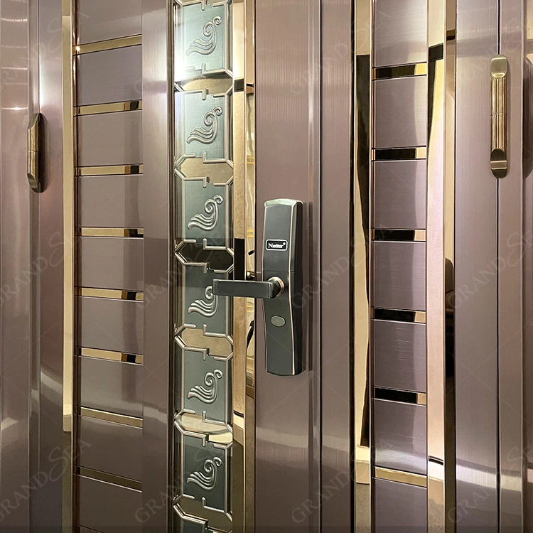 Rose gold soundproof 9 hole security lock tempered glass 36*80 stainless steel door front entrance