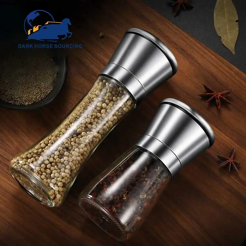 Best selling adjustable particle size 304 stainless steel manual spice grinder pepper mill glass bottle set