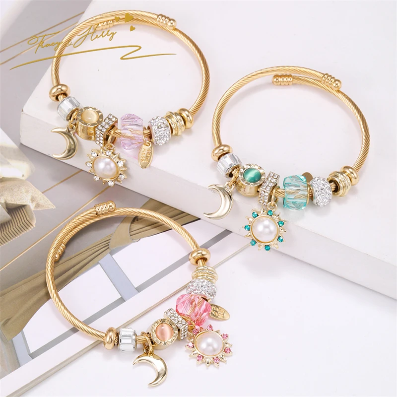 Tracy & Herry Women Stainless Steel Bracelet Series Star Mosaic Sun Flower Pendant Gold Opening Bracelet Diy Beaded Bracelet