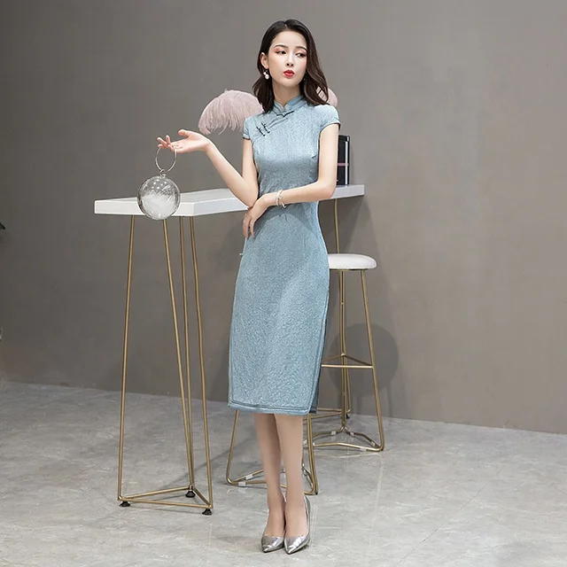 Платье-Ципао в китайском стиле, Элегантный Приталенный Сарафан до колен, с коротким рукавом, хлопковое вечернее, для женщин